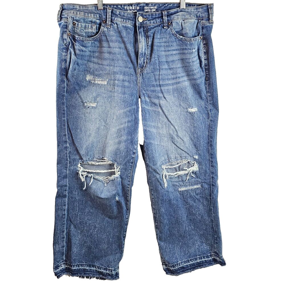 Torrid Jeans Womens 22R Blue Wide Leg Distressed Ripped Raw Hem Plus Size
